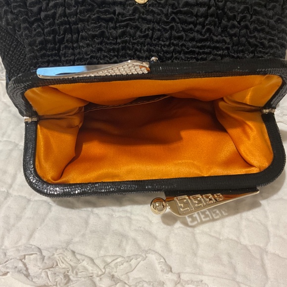 FENDI Borderline Clutch in Black Pleated Satin with Gold and Silver Kiss Lock - Picture 8 of 14